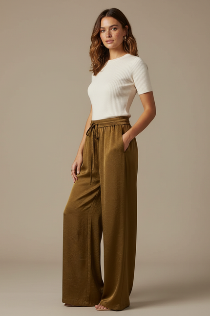 Pantalon Chinois Satin Fluide Ample Taille Haute Vert - Kaki