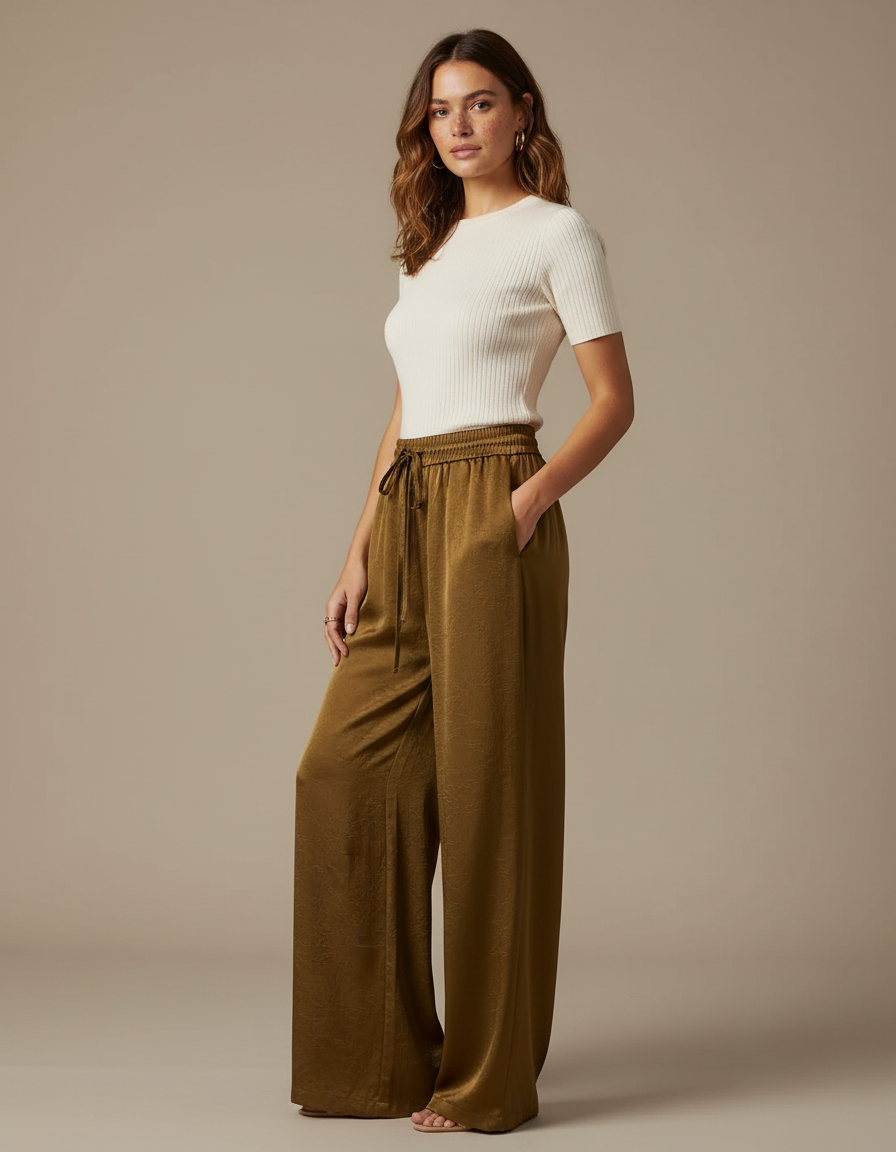 Pantalon Chinois Satin Fluide Ample Taille Haute Vert - Kaki
