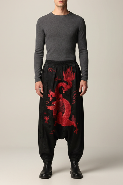 Pantalon Chinois Noir Brodé Dragon Harem Satiné