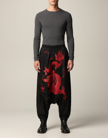 Pantalon Chinois Noir Brodé Dragon Harem Satiné