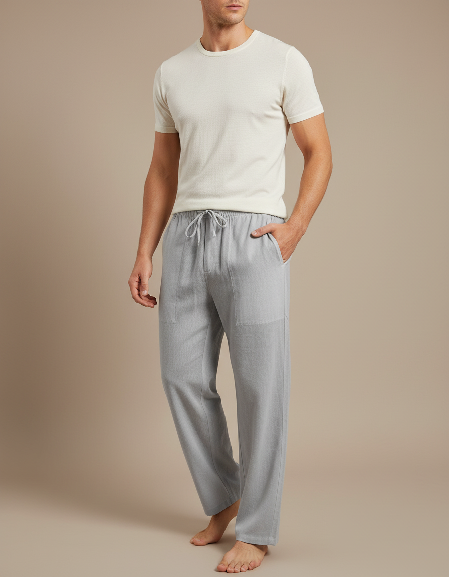 Pantalon Chinois Gris Clair Lin Coton Ample Décontracté Homme