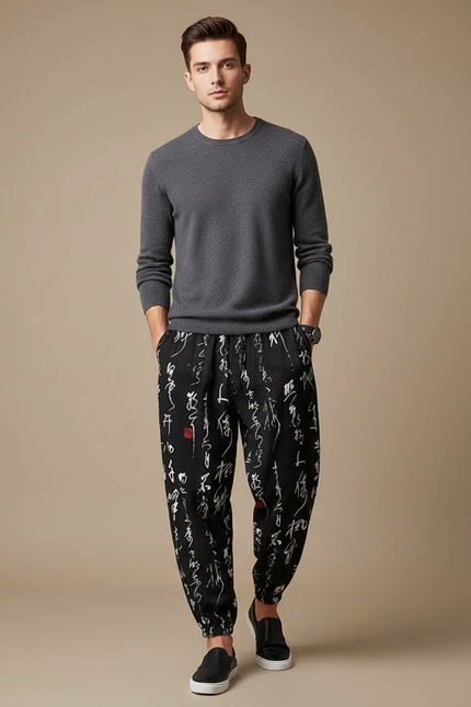 Pantalon Chinois Noir Calligraphie Ample Harem Décontracté Homme - Coton
