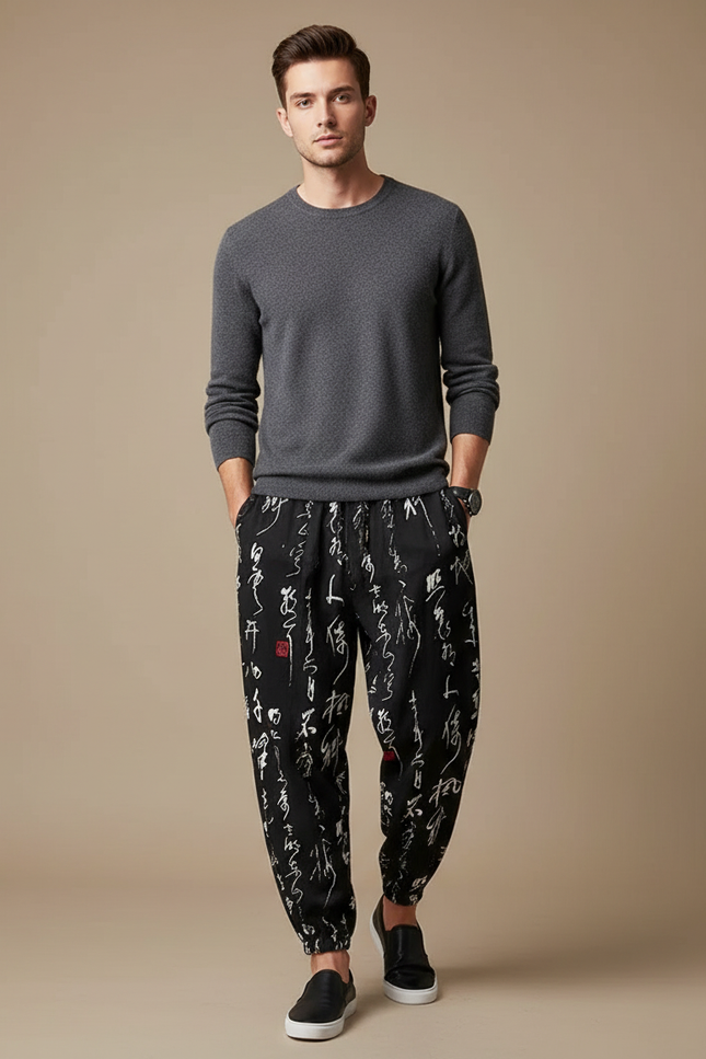 Pantalon Chinois Noir Calligraphie Ample Harem Décontracté Homme - Coton