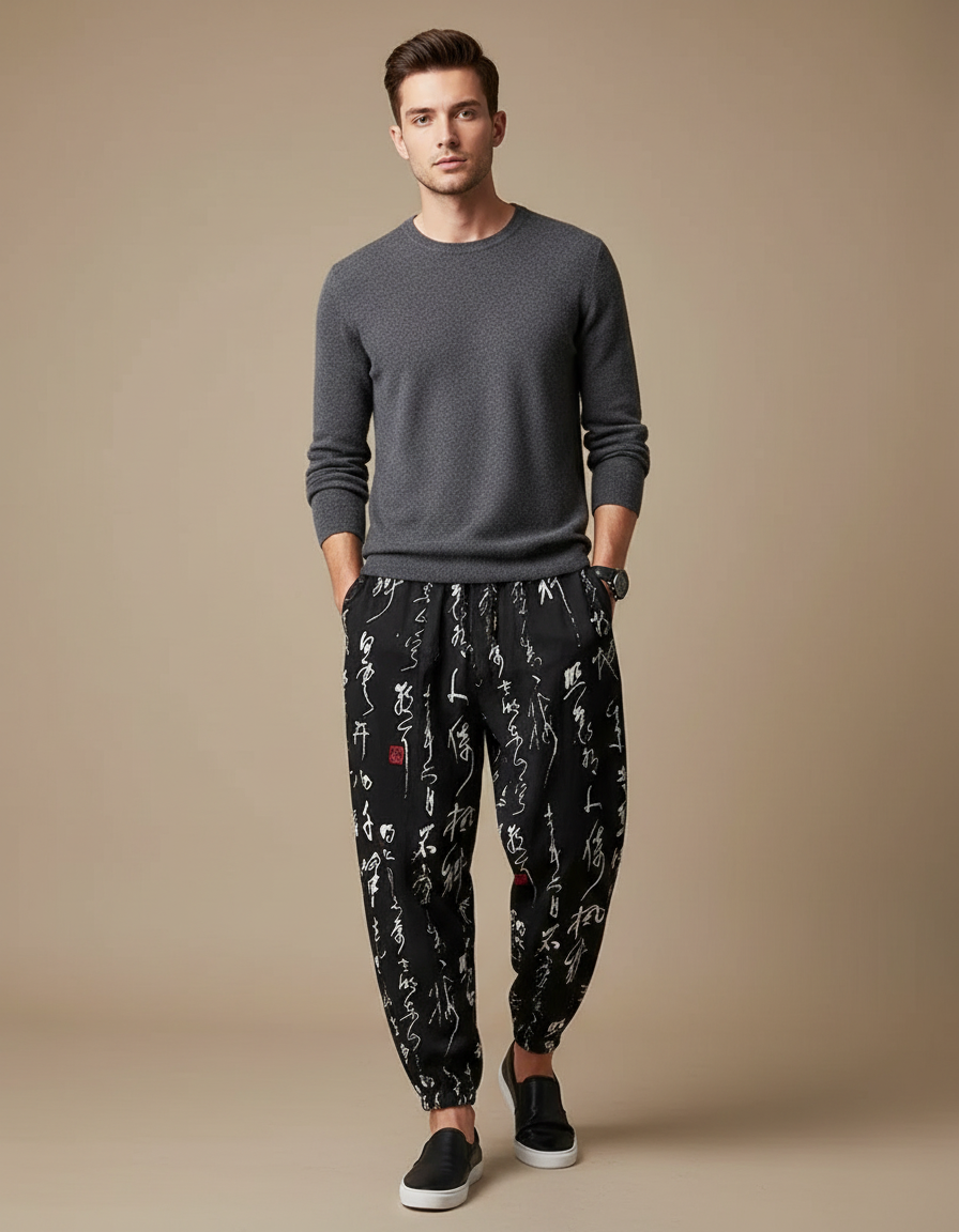 Pantalon Chinois Noir Calligraphie Ample Harem Décontracté Homme - Coton
