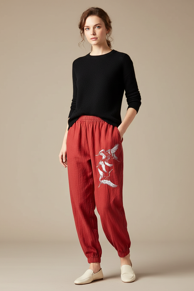 Pantalon Chinois Rouge Coton Brodé Grue Ample - Lin
