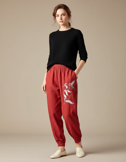 Pantalon Chinois Rouge Coton Brodé Grue Ample - Lin
