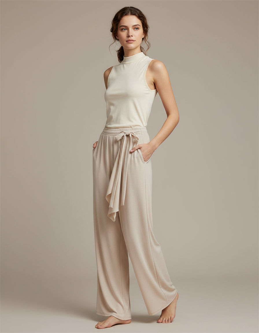 Pantalon Chinois Beige Fluide Ample Moderne Danse - Viscose