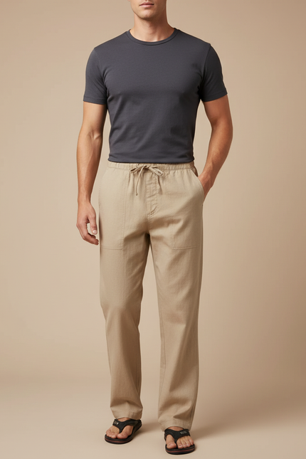 Pantalon Chinois Beige Lin Coton Ample Décontracté Homme