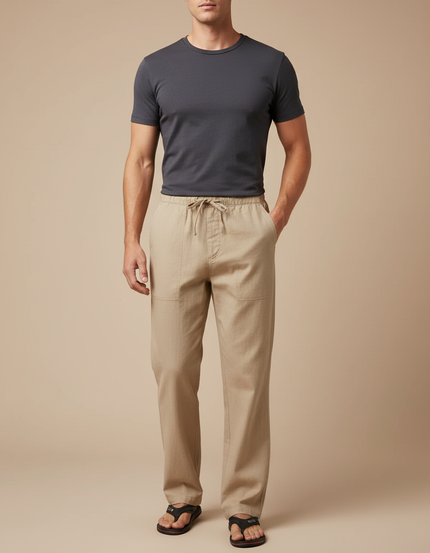 Pantalon Chinois Beige Lin Coton Ample Décontracté Homme