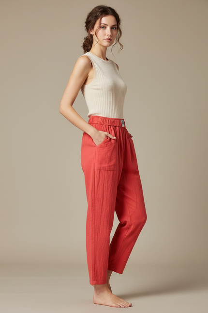 Pantalon Chinois Rouge Lin Coton Ample Décontracté Fluide