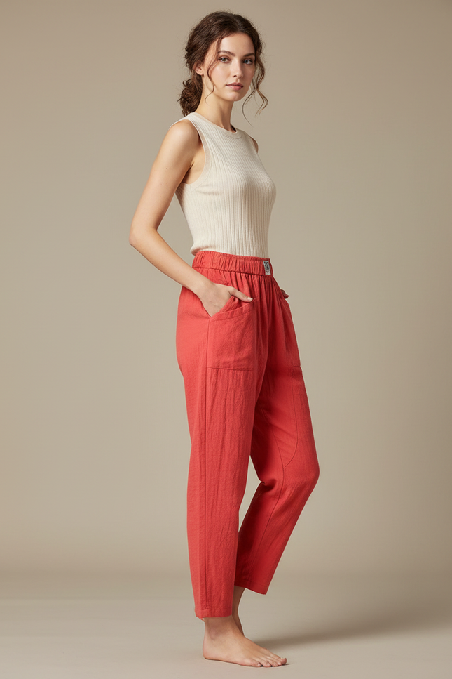 Pantalon Chinois Rouge Lin Coton Ample Décontracté Fluide