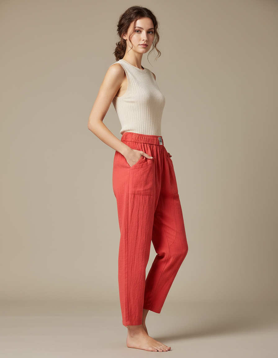 Pantalon Chinois Rouge Lin Coton Ample Décontracté Fluide