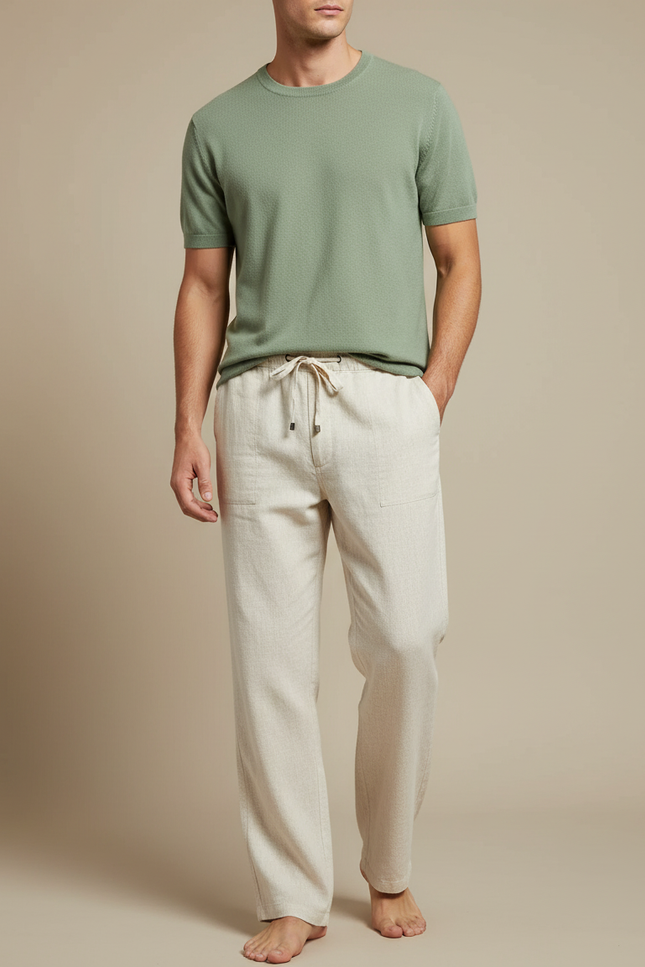 Pantalon Chinois Lin Écru Ample Décontracté Cordon - Beige