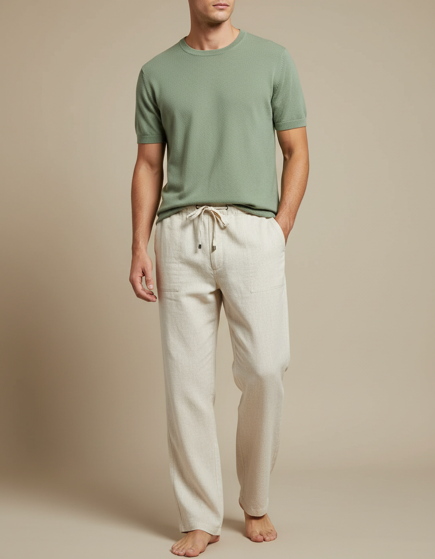 Pantalon Chinois Lin Écru Ample Décontracté Cordon - Beige