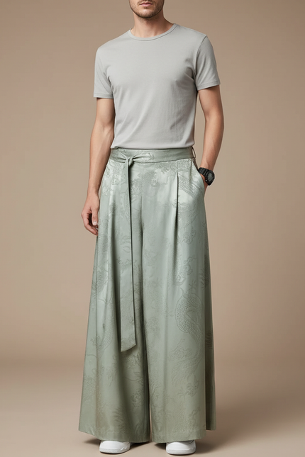Pantalon Chinois Vert Sauge Ample Jacquard Dragon Soie