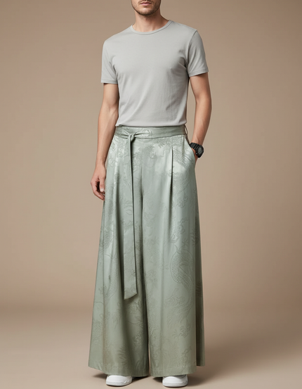 Pantalon Chinois Vert Sauge Ample Jacquard Dragon Soie