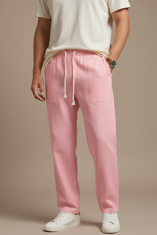 Pantalon Chinois Rose Coton Lin Ample Décontracté Homme