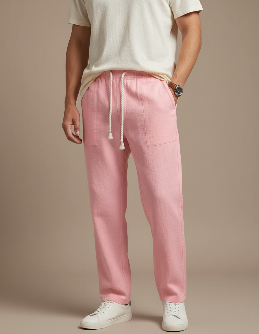 Pantalon Chinois Rose Coton Lin Ample Décontracté Homme