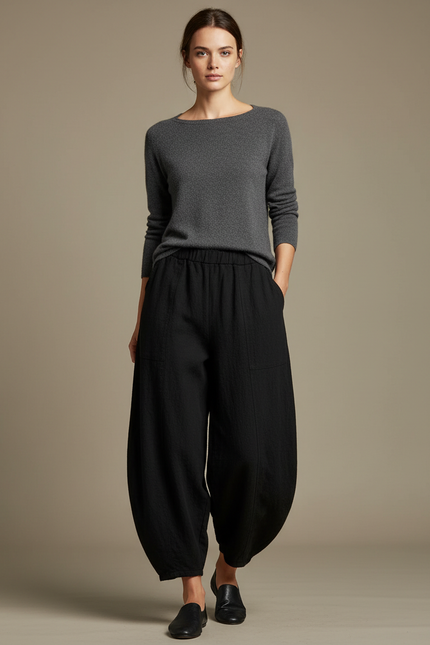 Pantalon Chinois Noir Ample Coton Lin Confortable