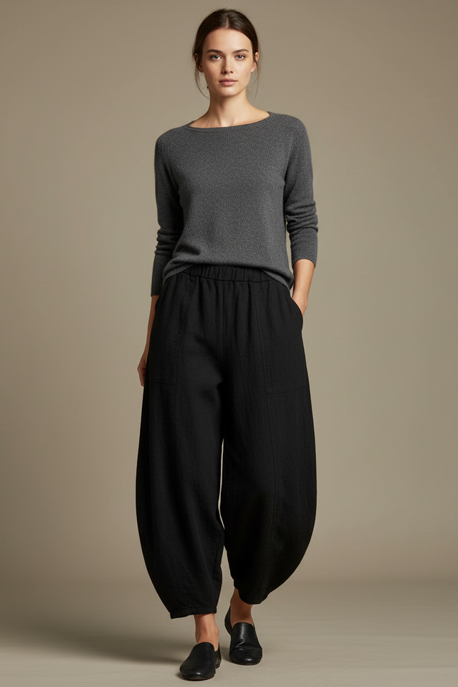 Pantalon Chinois Noir Ample Coton Lin Confortable