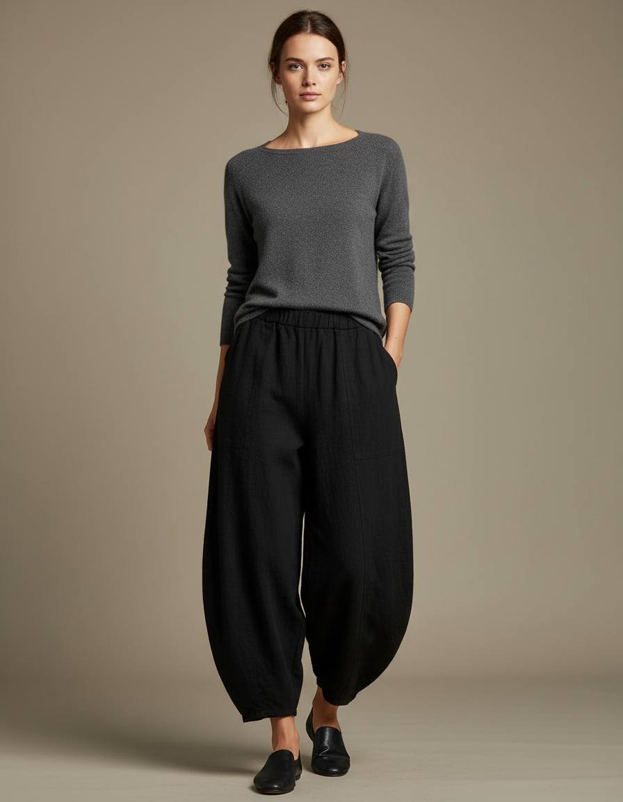 Pantalon Chinois Noir Ample Coton Lin Confortable