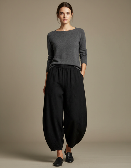 Pantalon Chinois Noir Ample Coton Lin Confortable