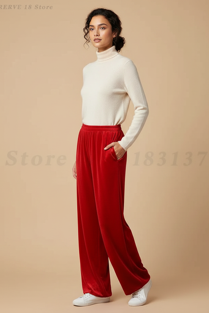 Pantalon Chinois Velours Rouge Ample Décontracté Femme