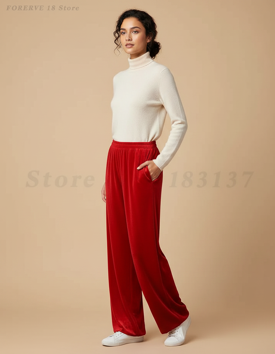 Pantalon Chinois Velours Rouge Ample Décontracté Femme
