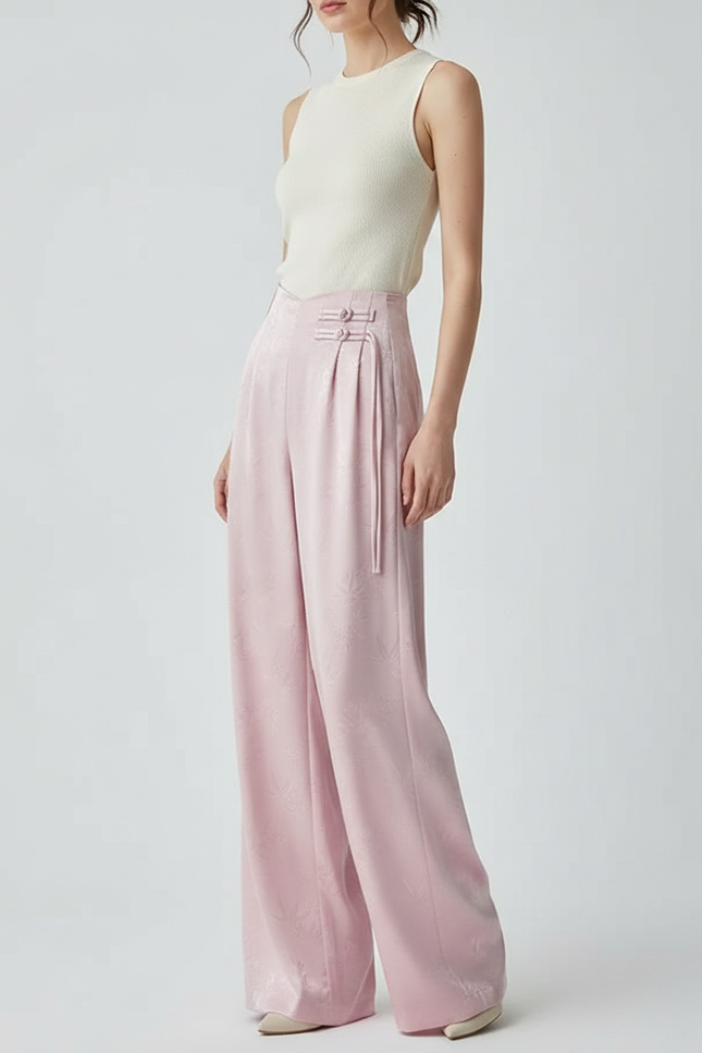 Pantalon Chinois Rose Satiné Ample Taille Haute