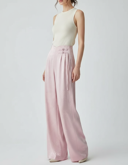 Pantalon Chinois Rose Satiné Ample Taille Haute