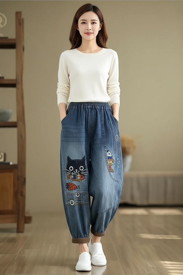 Pantalon Chinois Jean Harem Brodé Chat Poisson Femme - Bleu