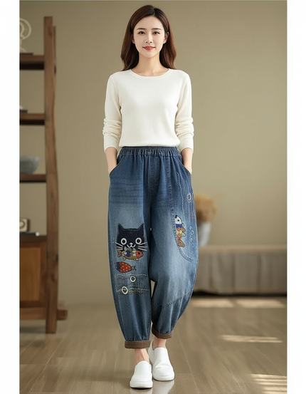Pantalon Chinois Jean Harem Brodé Chat Poisson Femme - Bleu