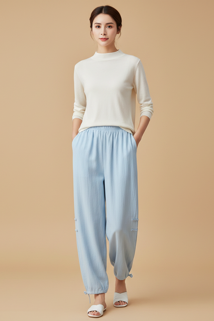 Pantalon Chinois Bleu Ciel Ample Lin Fluide