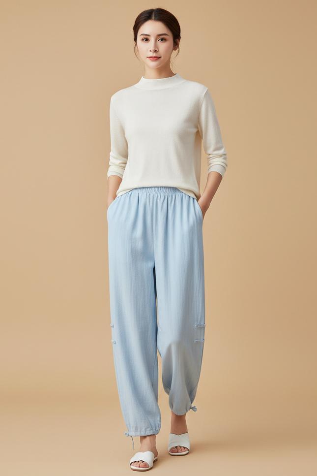 Pantalon Chinois Bleu Ciel Ample Lin Fluide