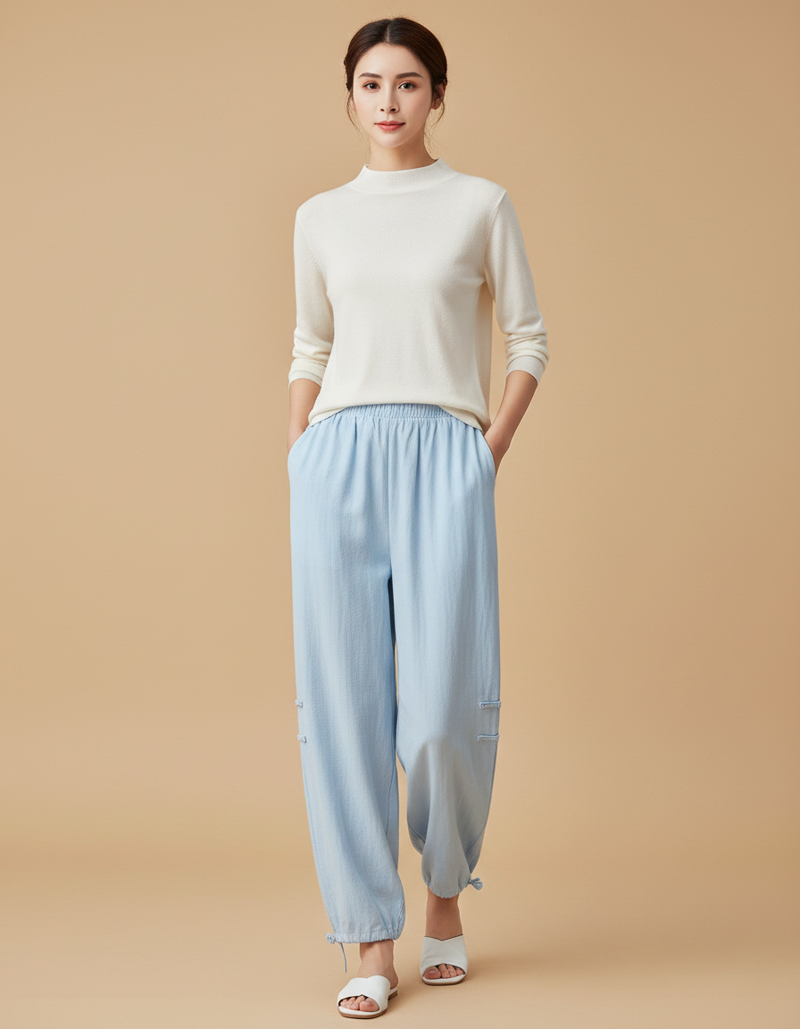 Pantalon Chinois Bleu Ciel Ample Lin Fluide