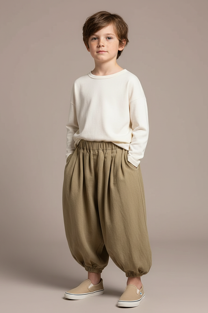 Pantalon Chinois Coton Ample Garçon Vert Kaki