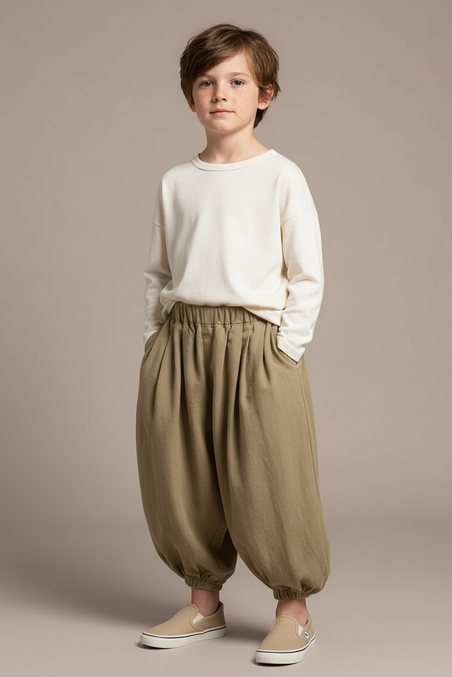 Pantalon Chinois Coton Ample Garçon Vert Kaki