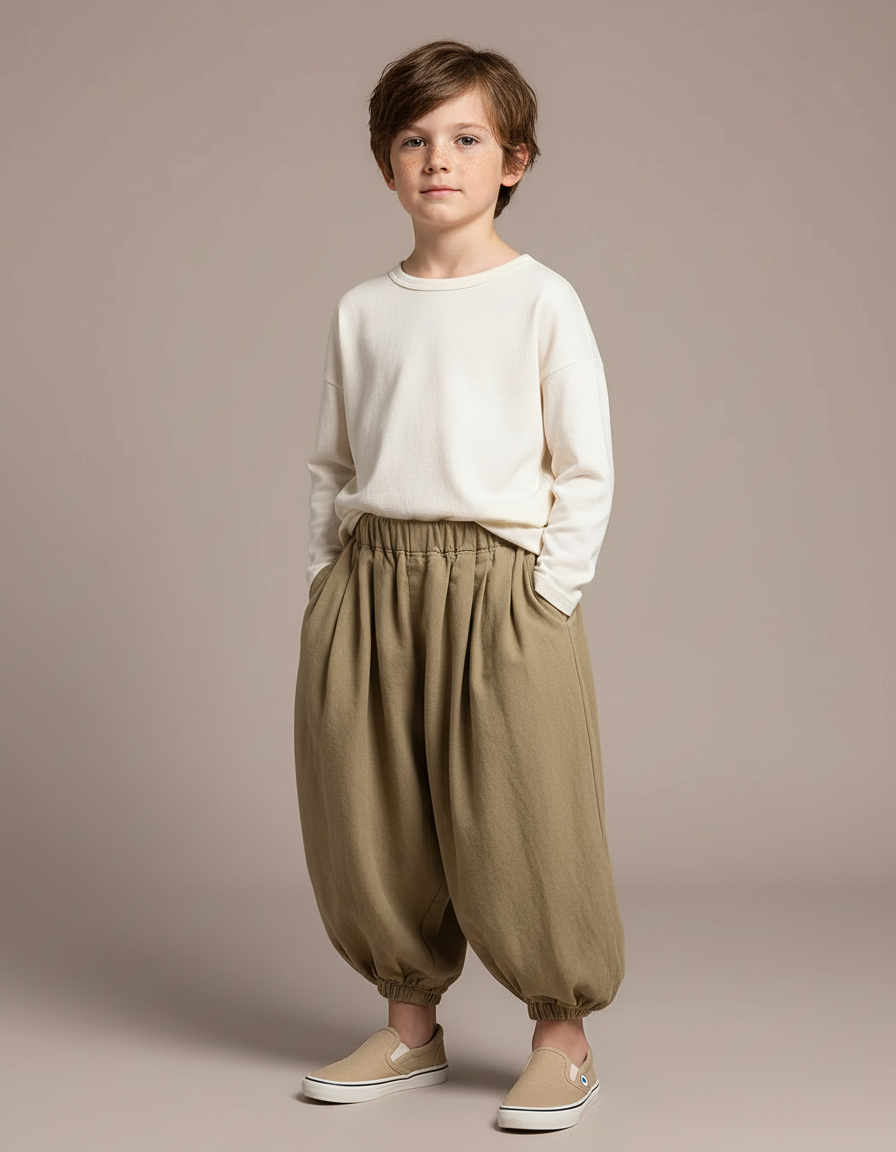 Pantalon Chinois Coton Ample Garçon Vert Kaki