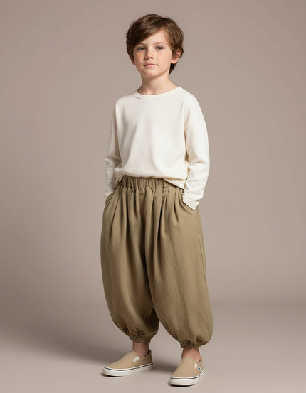 Pantalon Chinois Coton Ample Garçon Vert Kaki