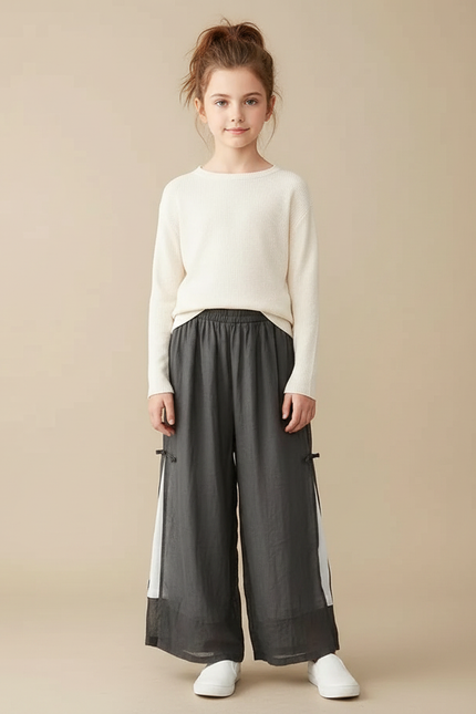 Pantalon Chinois Lin Ample Gris Élégant Fille