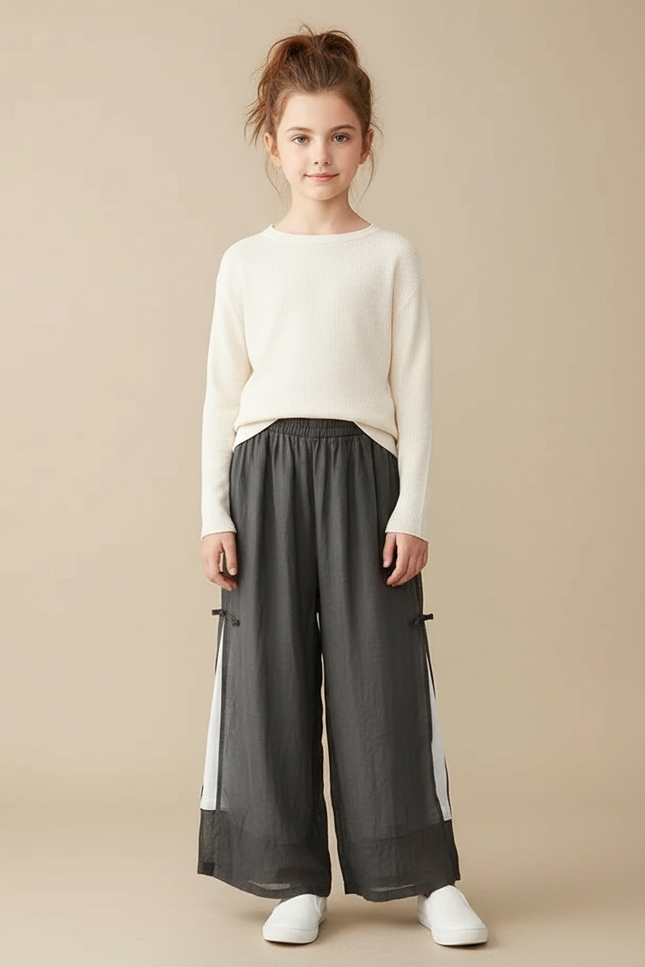 Pantalon Chinois Lin Ample Gris Élégant Fille