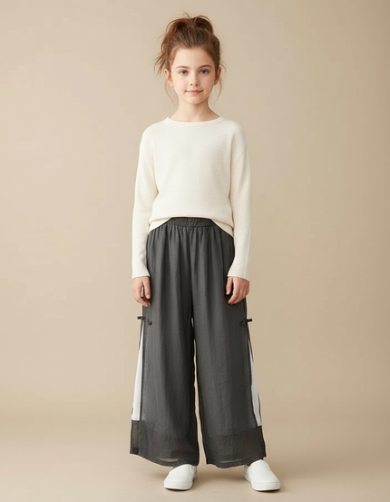 Pantalon Chinois Lin Ample Gris Élégant Fille