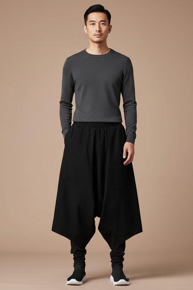 Pantalon Chinois Harem Noir Ample Coton Décontracté