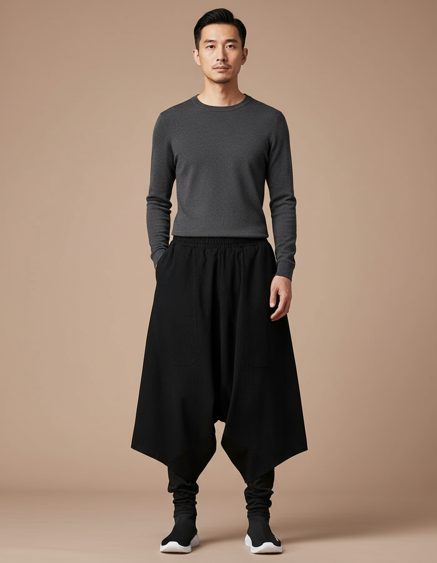 Pantalon Chinois Harem Noir Ample Coton Décontracté