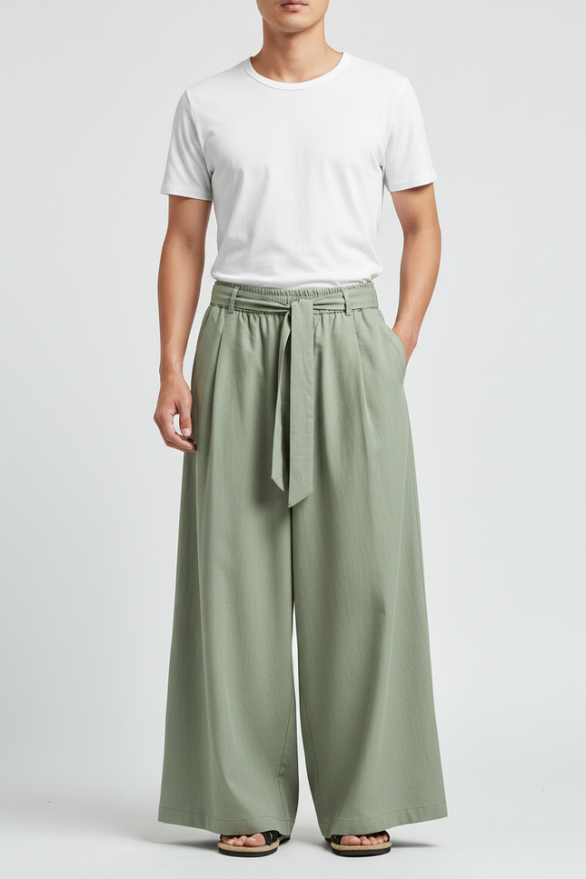 Pantalon Chinois Vert Ample Coton Ceinture Décontracté Homme