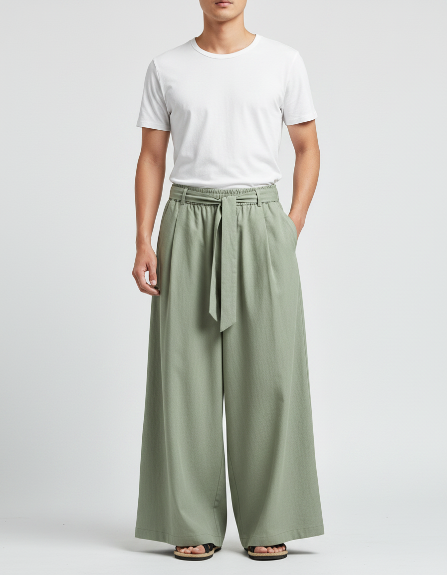 Pantalon Chinois Vert Ample Coton Ceinture Décontracté Homme