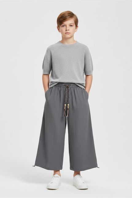 Pantalon Chinois Gris Ample Fluide Décontracté Enfant - Lin
