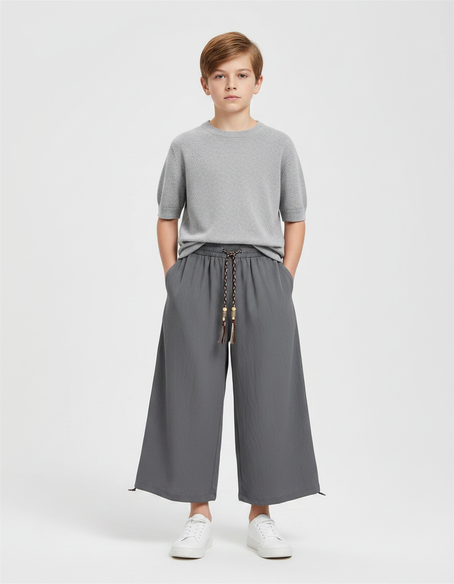 Pantalon Chinois Gris Ample Fluide Décontracté Enfant - Lin