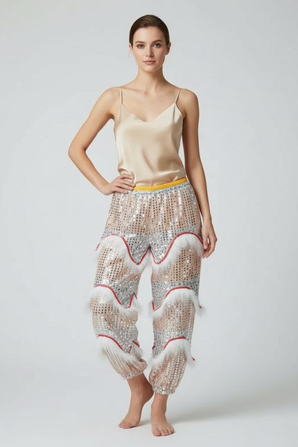 Pantalon Chinois Pailleté Blanc Fourrure Rouge Fantaisie - Polyester
