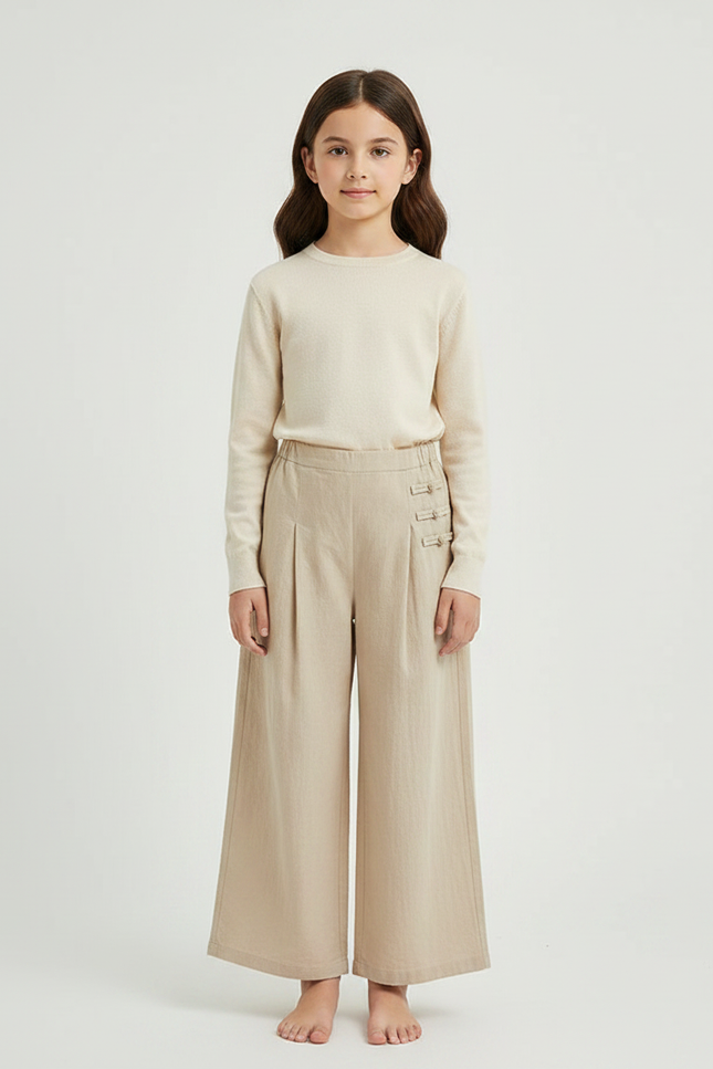 Pantalon Chinois Beige Lin Ample Boutons Latéraux Enfant